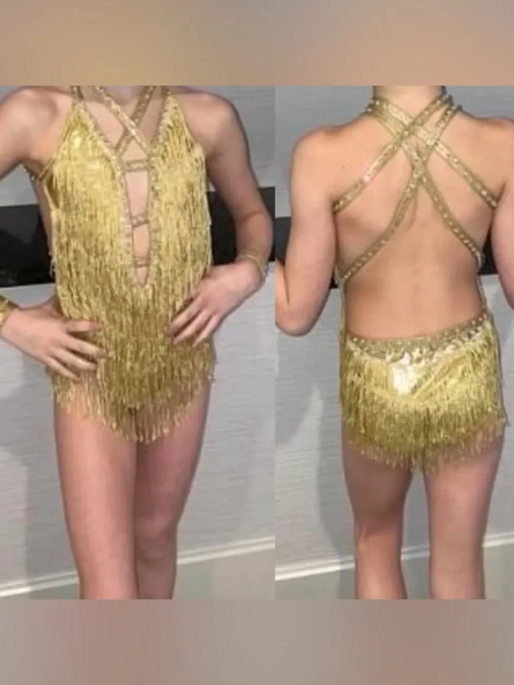 Glamorous flapper fringe solo dance costume gold ballroom MC-Medium child